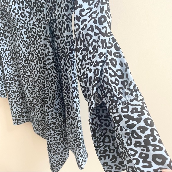 Les Reveries Silk Long Sleeve Mini Wrap Dress in Blue Leopard - Picture 12 of 14